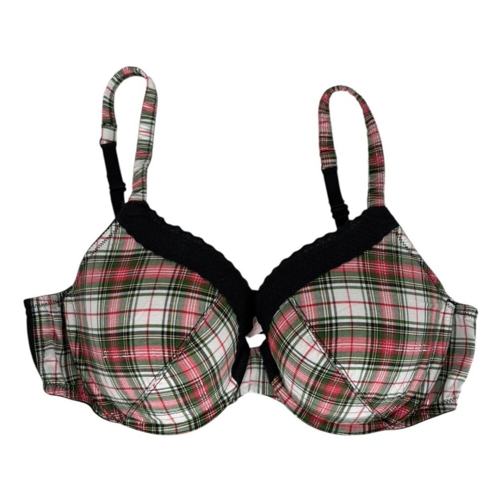 Victoria's Secret Bra 34B Plunge Red White Green Black Plaid Underwire Holiday